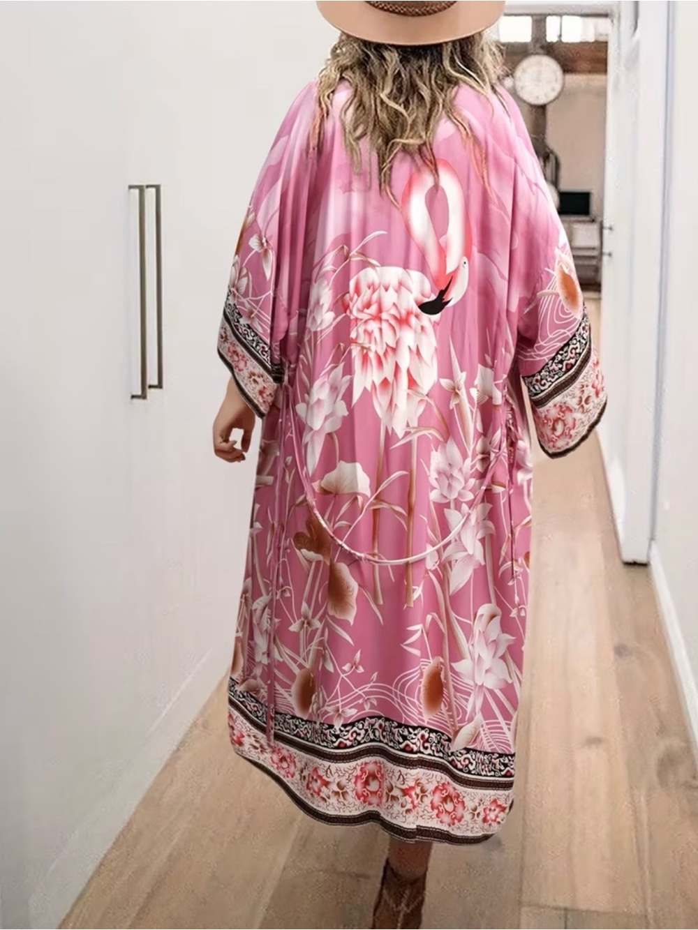 Pink Flamingo Floral Kimono Duster